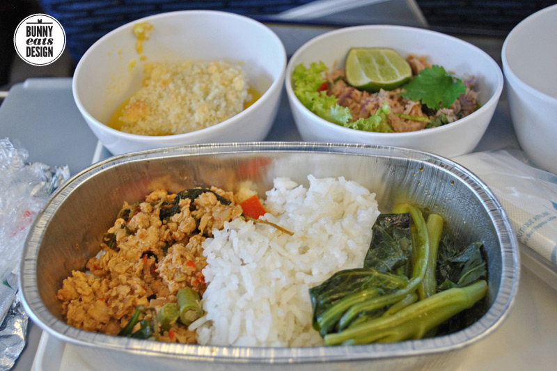 Airplane meal: chicken laab with rice and veges. Flying into Chiang Mai, Thailand.